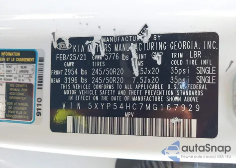 2021 Kia Telluride Sx z USA, uszkodzony, nr VIN 5XYP54HC7MG167929